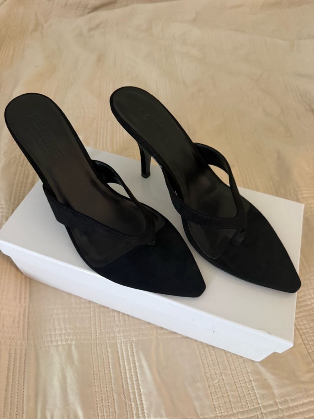 Femme La Pointed Toe Black Stiletto Mule Sandals - Picture 3 of 8